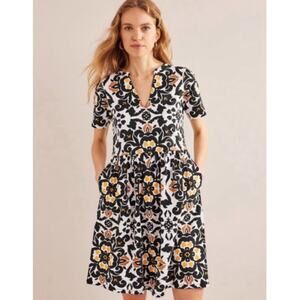 Boden Easy Notch Neck Jersey Dress Plus 16-18R Black White Floral Opulent Pomme